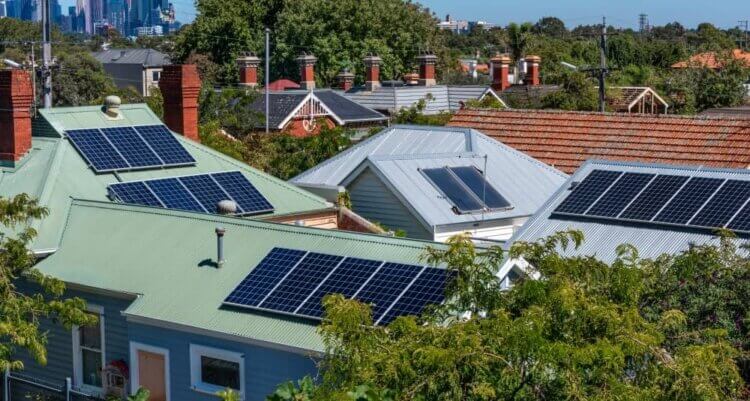 Solar panels on suburban homes.